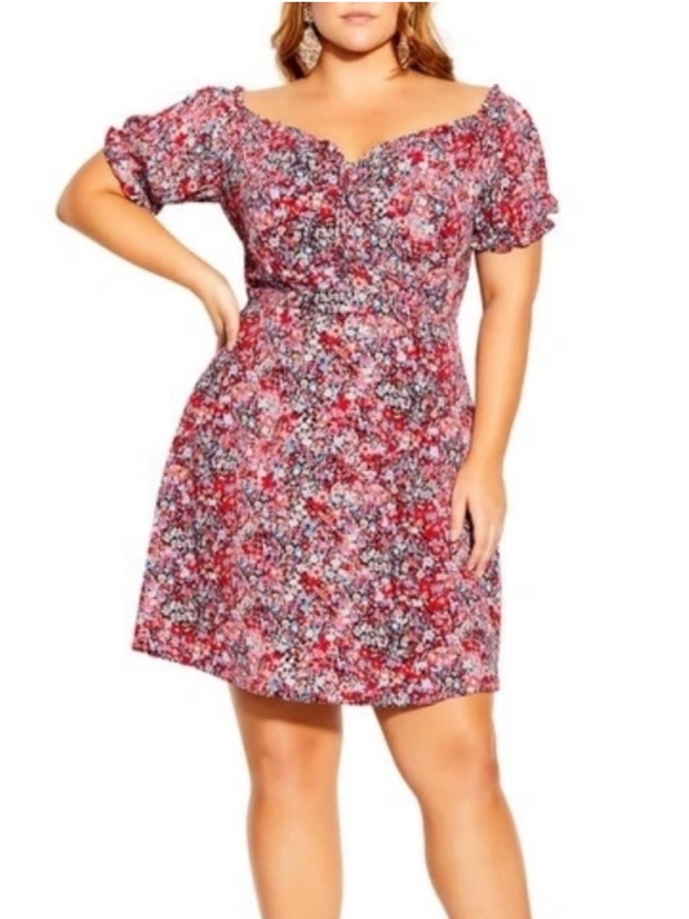 City Chic Red Pink Ditsy Floral Sweetheart Mini Dress Size 20